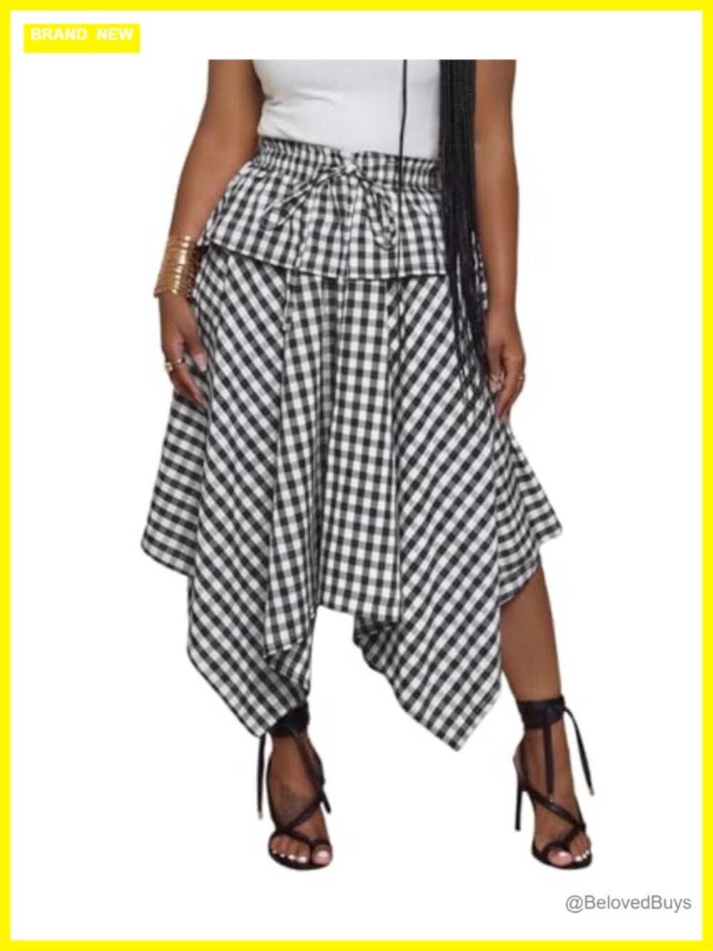 Gingham Handkerchief Midi Skirt Asymmetrical High Waist A-Line